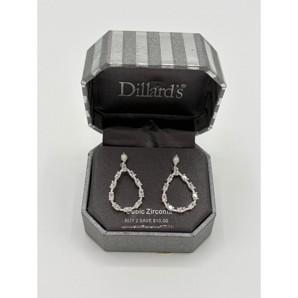 Dillard's Cubic Zirconia Silver Tone Teardrop Dangle Earrings NIB